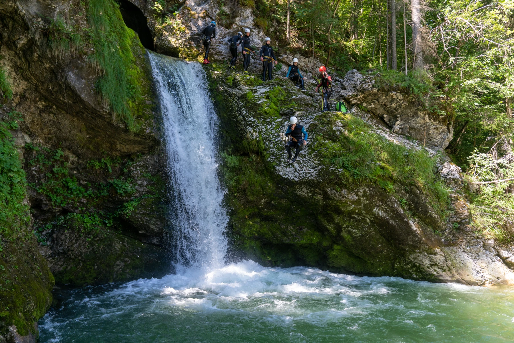 Scenic waterfall and canyon walls in Grmecica Canyon Slovenia