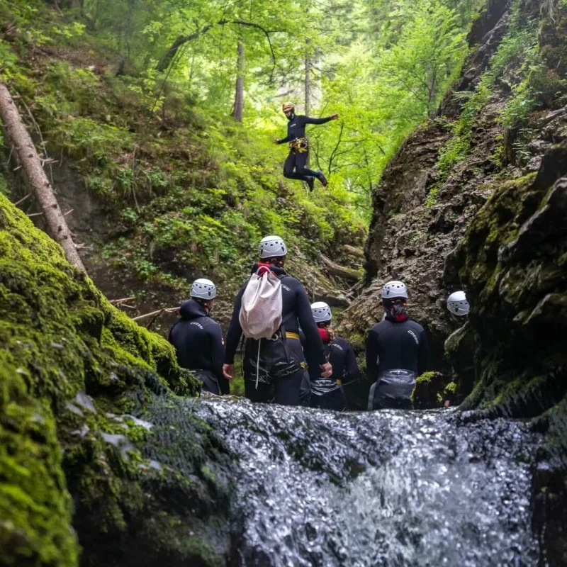 Group of canyoning adventurers in wetsuits and helmets watching a person jump into a gorge surrounded by lush green forest and rocky cliffs.